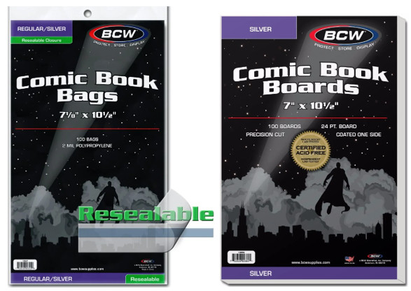 BCW Silver Comic Book Bags (Resealable) and Boards (100 pack) Acid Free Archival