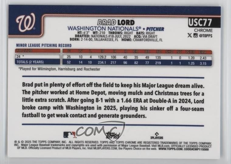 2025 Topps Chrome Update X-Fractor Brad Lord #USC77 Rookie RC 1sr5