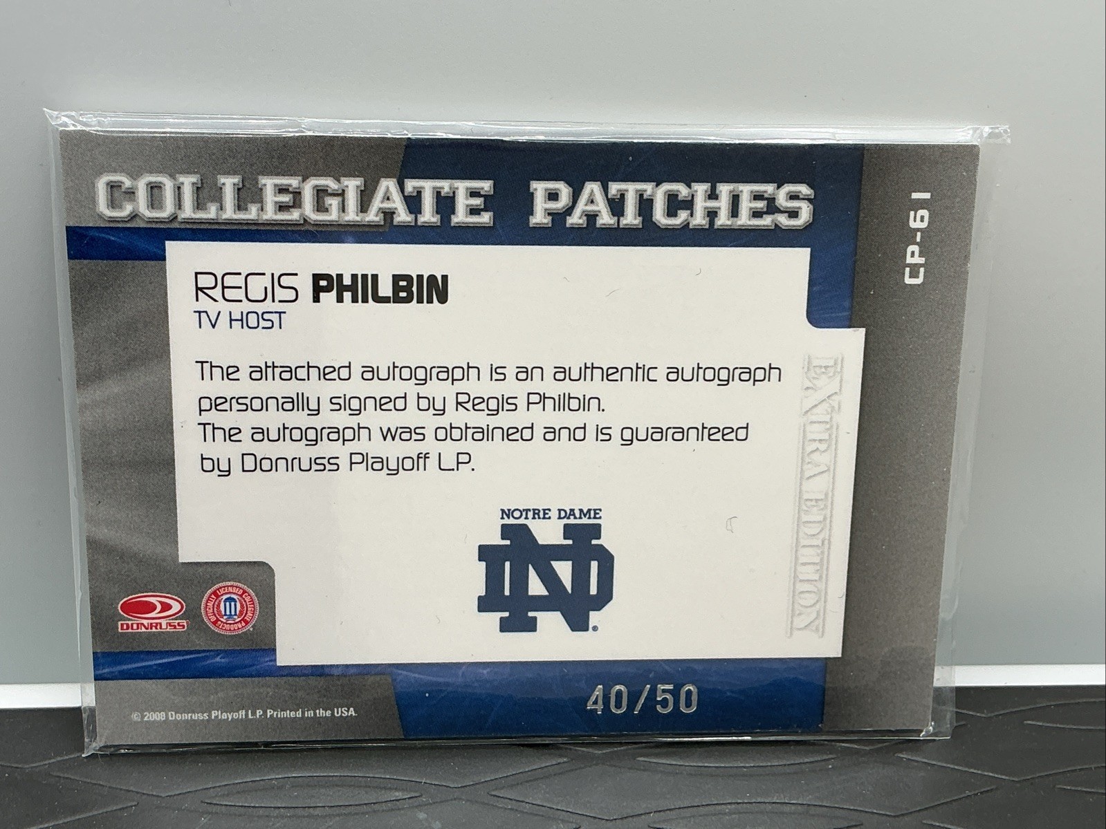 Regis Philbin 2008 Donruss Notre Dame Collegiate Patches Autographed #40/50