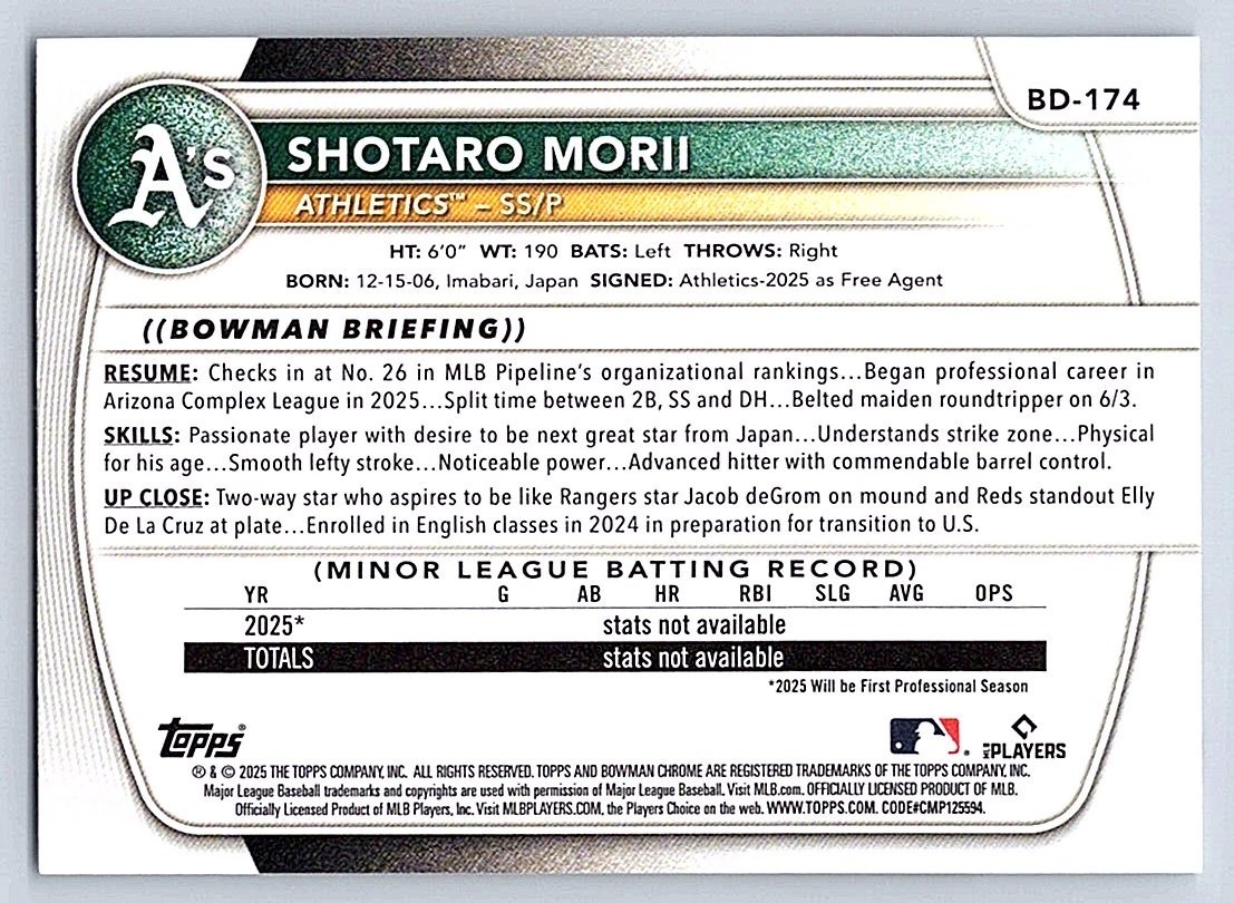 SHOTARI MORII A’s 2025 BOWMAN DRAFT #BD-174