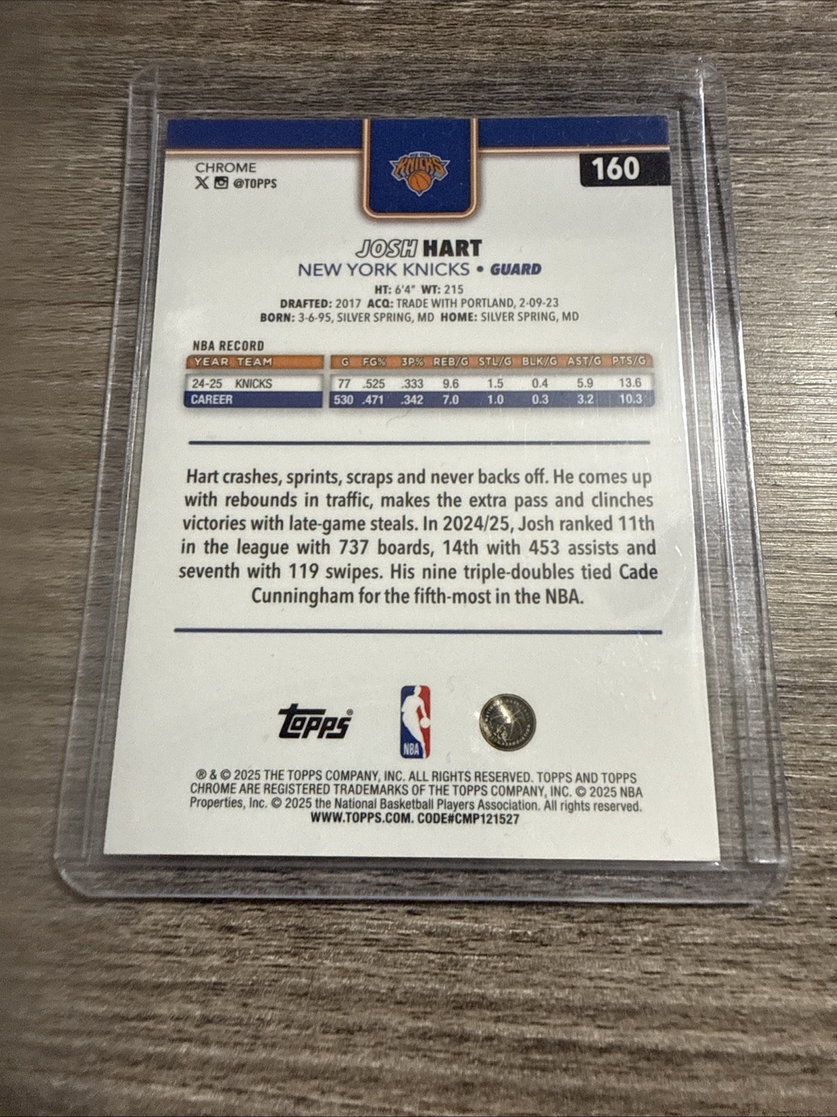 2025-26 Topps Chrome – Josh Hart – Blue X-Fractor #160 NY Knicks Color Match