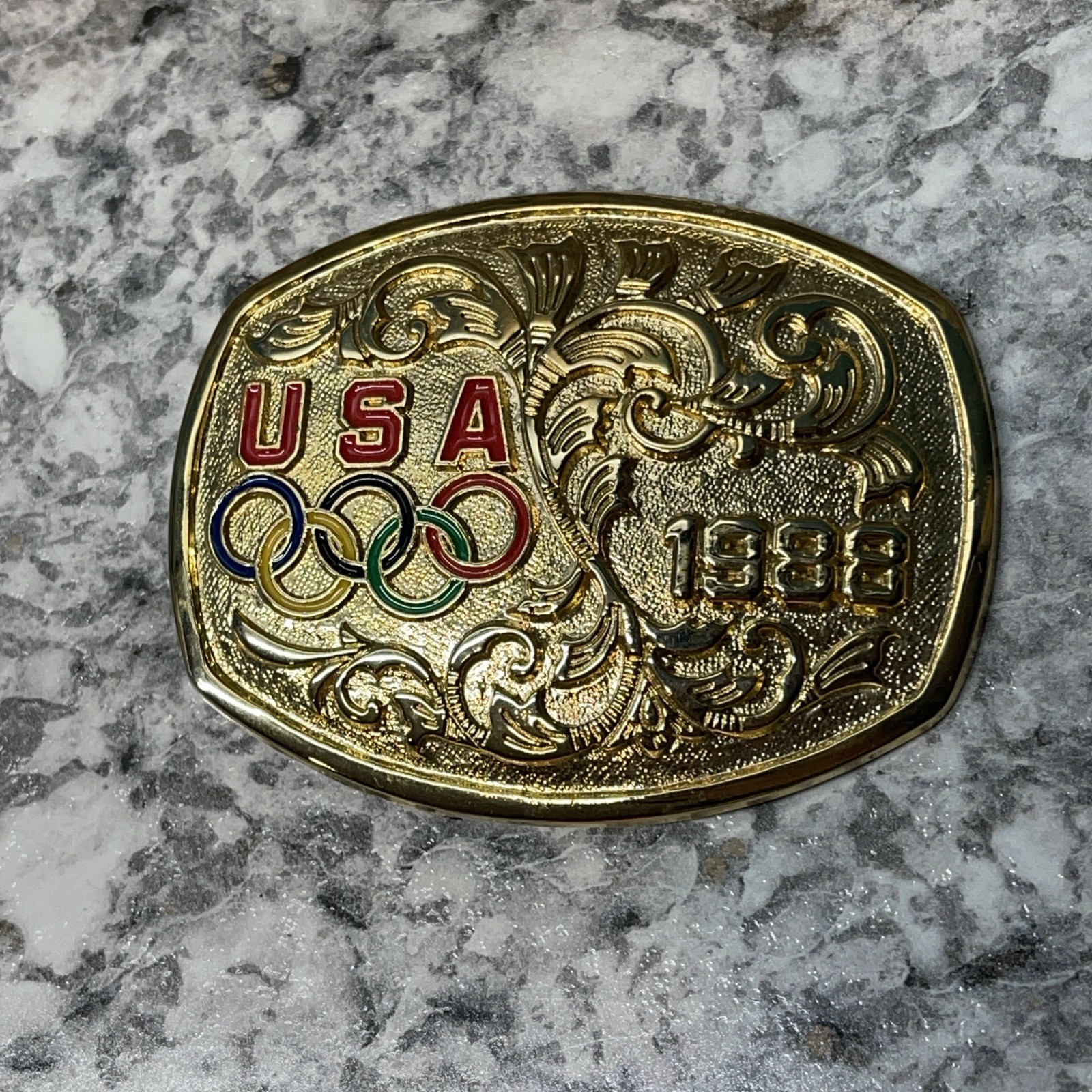 Vintage 1988 Olympic Gold Toned Belt Buckle Made in USA Enameled 3.25″ x 2.5″