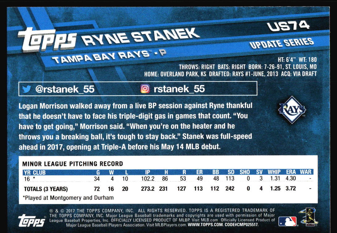 2017 Topps Update Ryne Stanek Rookie #US74 Tampa Bay Rays