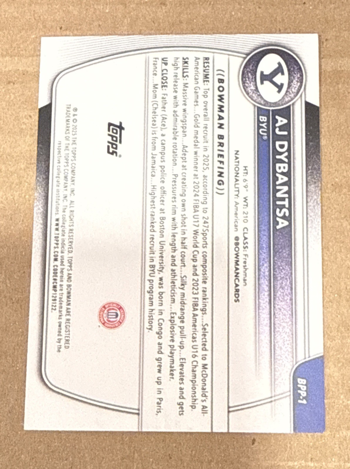 AJ Dybantsa 2025-26 Bowman Basketball Prospects #BPP-1 BYU 1st Bowman Paper