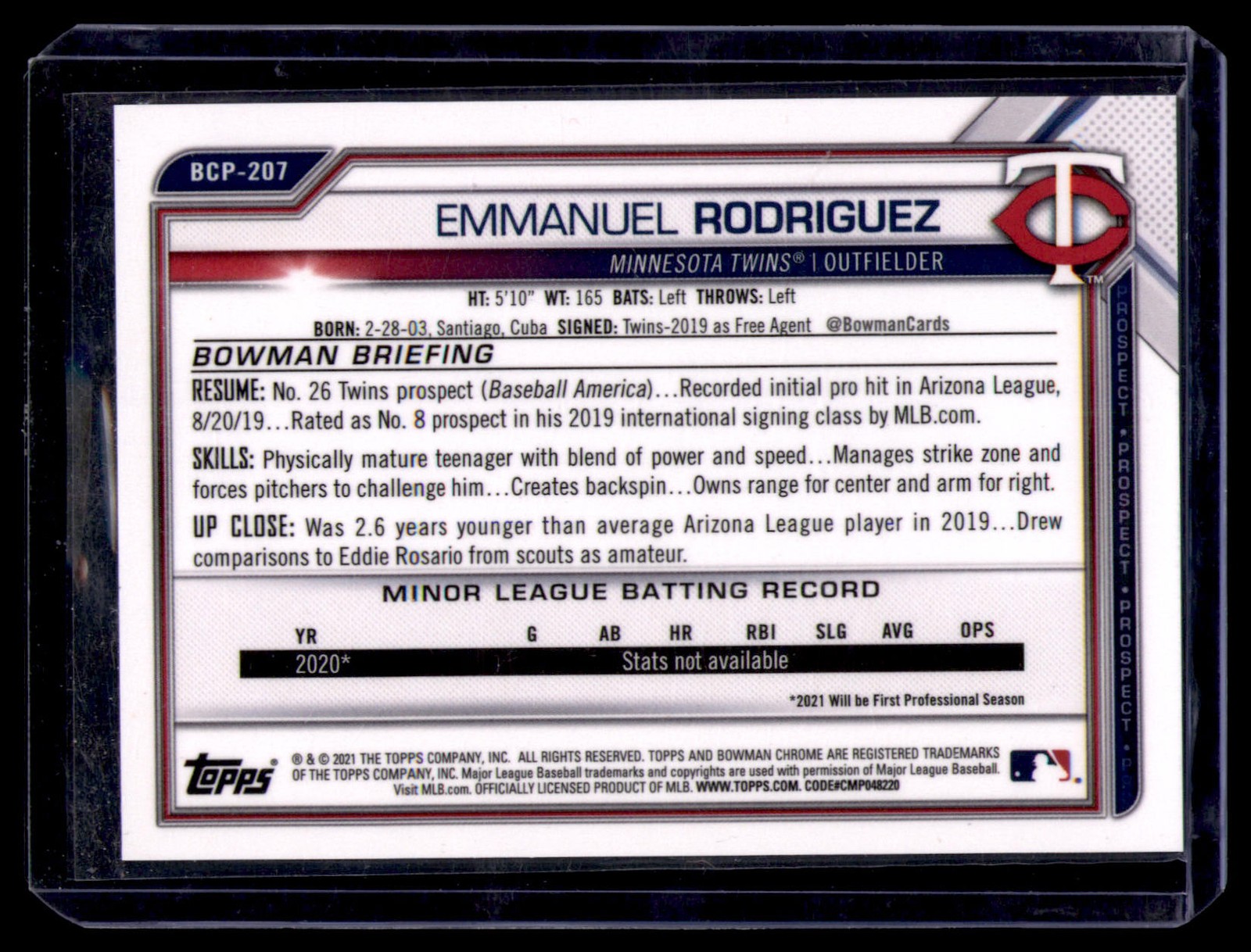 2021 Bowman Chrome Emmanuel Rodriguez 1st Fuchsia Shimmer (/199) #BCP-207 Twins