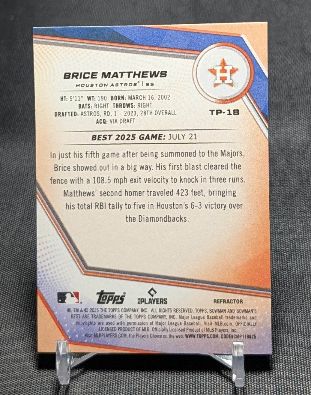Brice Matthews Chrome Refractor Rookie RC 2025 Bowman’s Best Card #TP-18 Astros