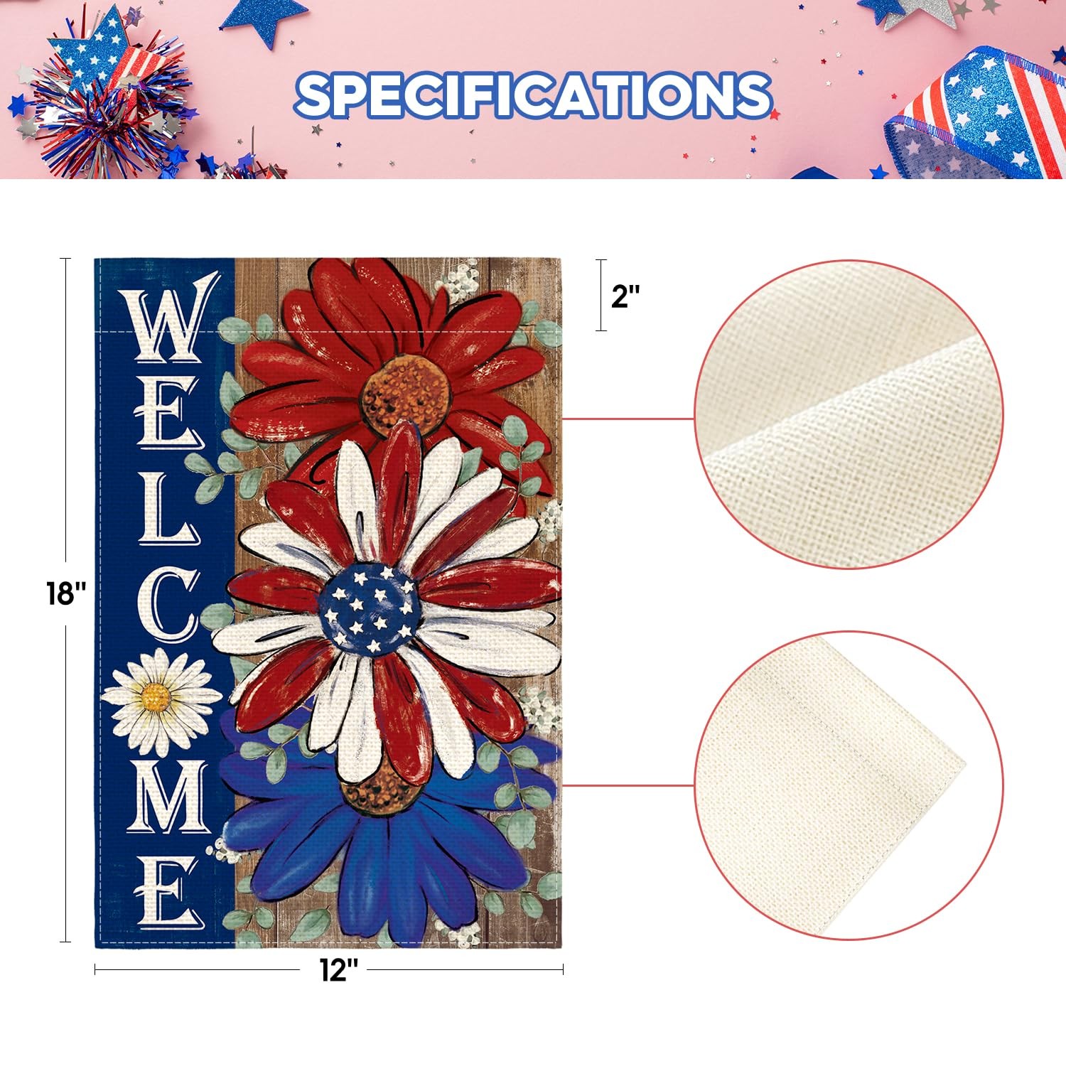 Patriotic 4th of July Garden Flag 12×18 Inch Double Sided Outside, Floral Welcom