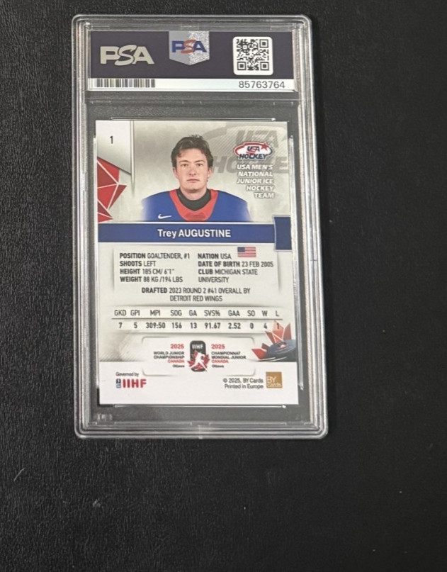 Trey Augustine Michigan State signed 2025 USA WJC hockey card Red Wings PSA#