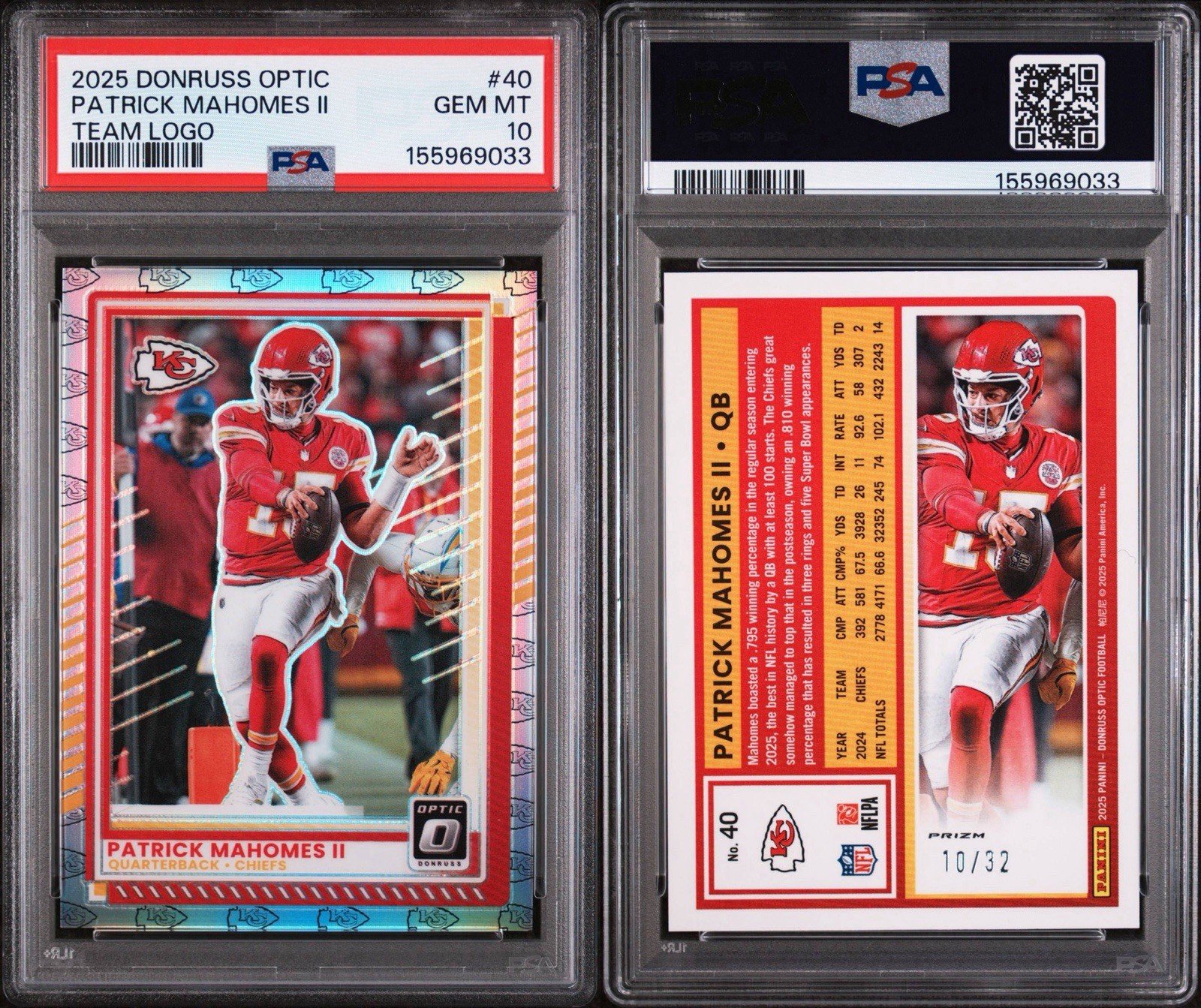 2025 Donruss Optic #40 Patrick Mahomes Team Logo Prizm /32 PSA 10 GEM MT