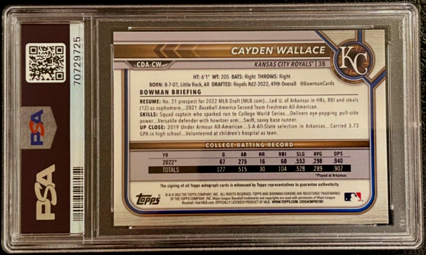 2022 Bowman Draft Chrome Draft Pick Autograph Cayden Wallace #CDA-CW PSA 9 MINT