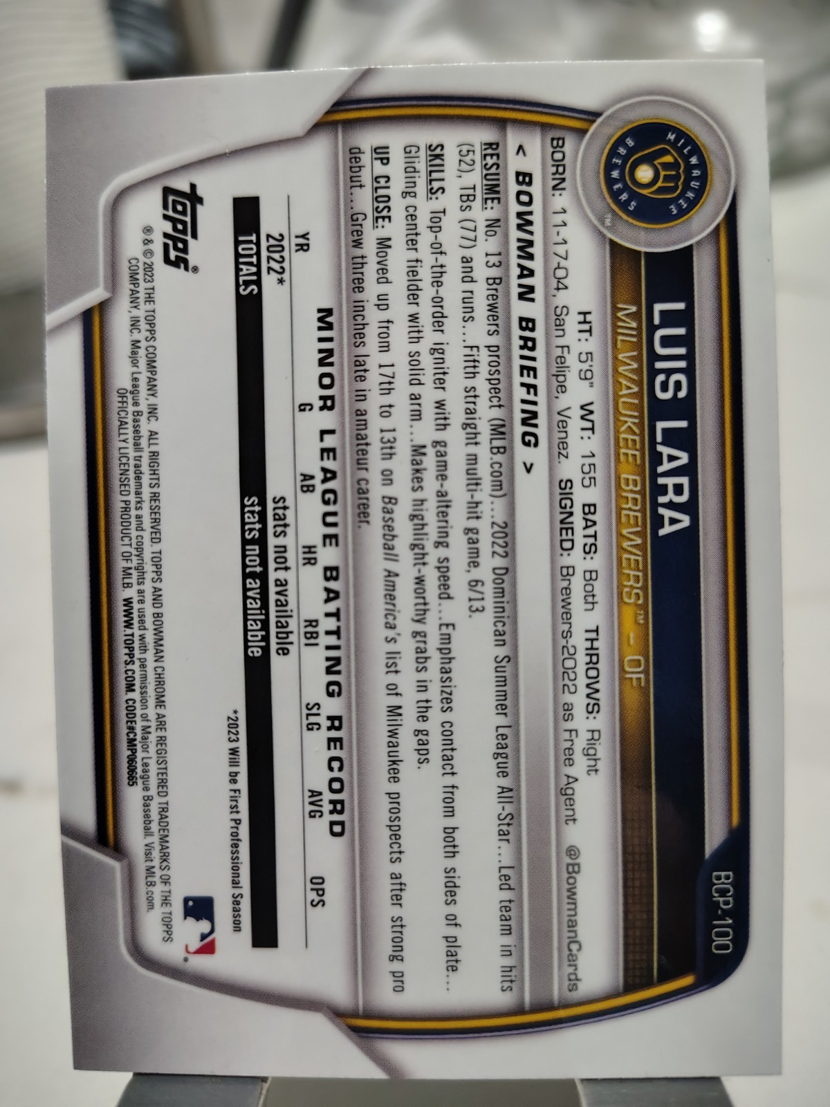 2023 Bowman Chrome Luis Lara 1st Bowman Atomic Refractor RC BCP-100