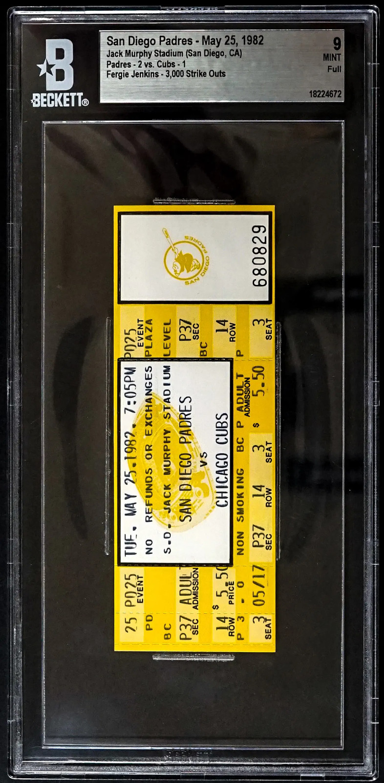 Fergie Jenkins 3000th Strikeout Full Ticket 5/25/82 Cubs @ Padres BGS 9