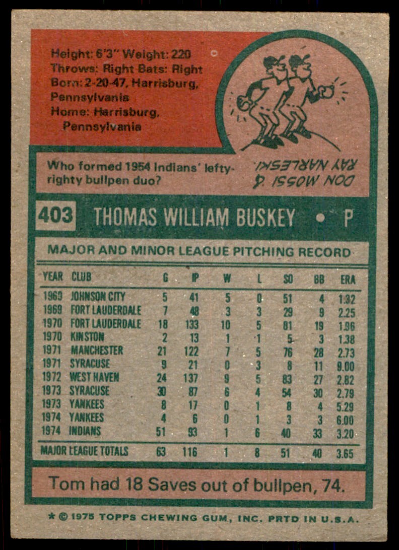 1975 TOPPS TOM BUSKEY CLEVELAND INDIANS #403 (T101)