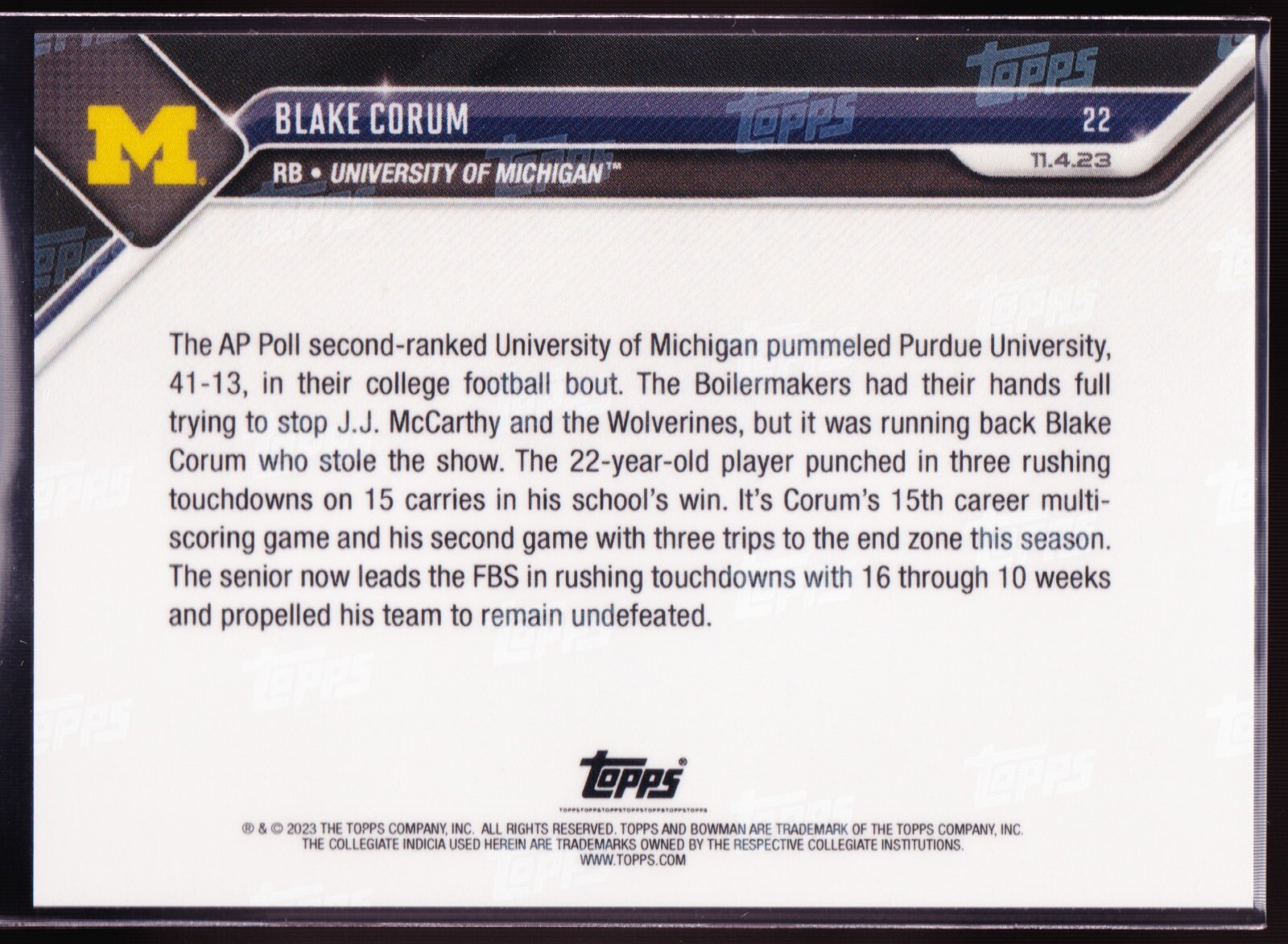 Blake Corum Wolverines Historic 3 TD Day vs Purdue2023 Bowman U Now #22 SP Base