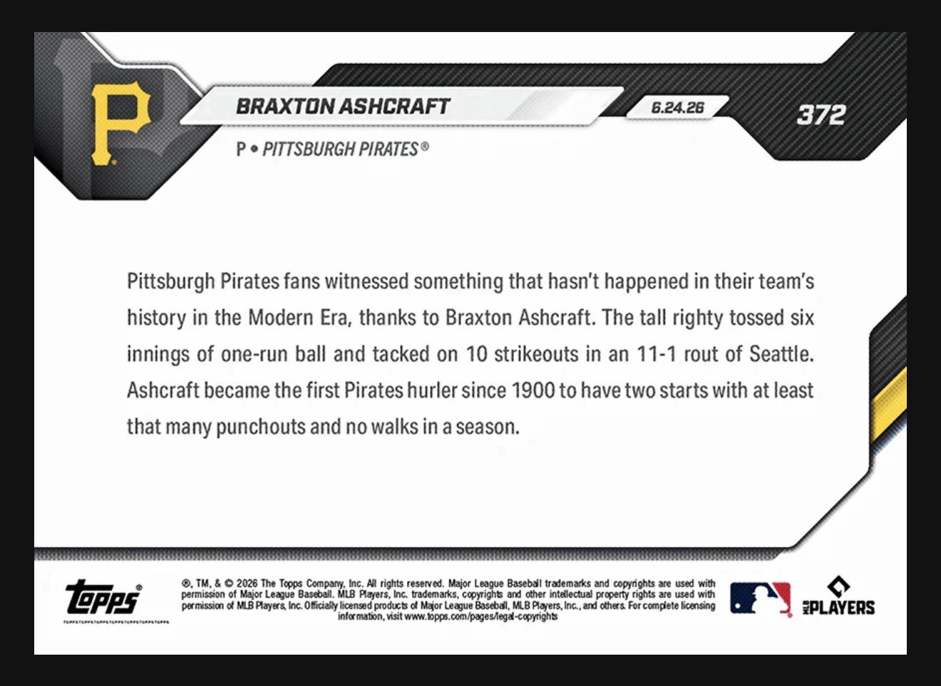 Braxton Ashcraft – 2026 MLB Topps NOW® – Card 372 – Presale!! Pirates!!