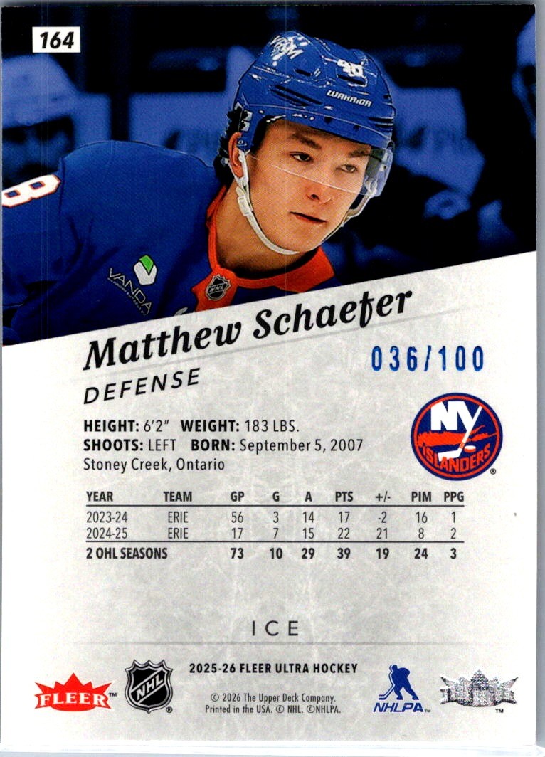 2025-26 Fleer Ultra #164 Matthew Schaefer Ice #/100