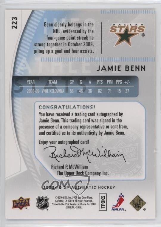 2009-10 SP Authentic Future Watch 60/999 Jamie Benn #223 Rookie Auto RC 4f5