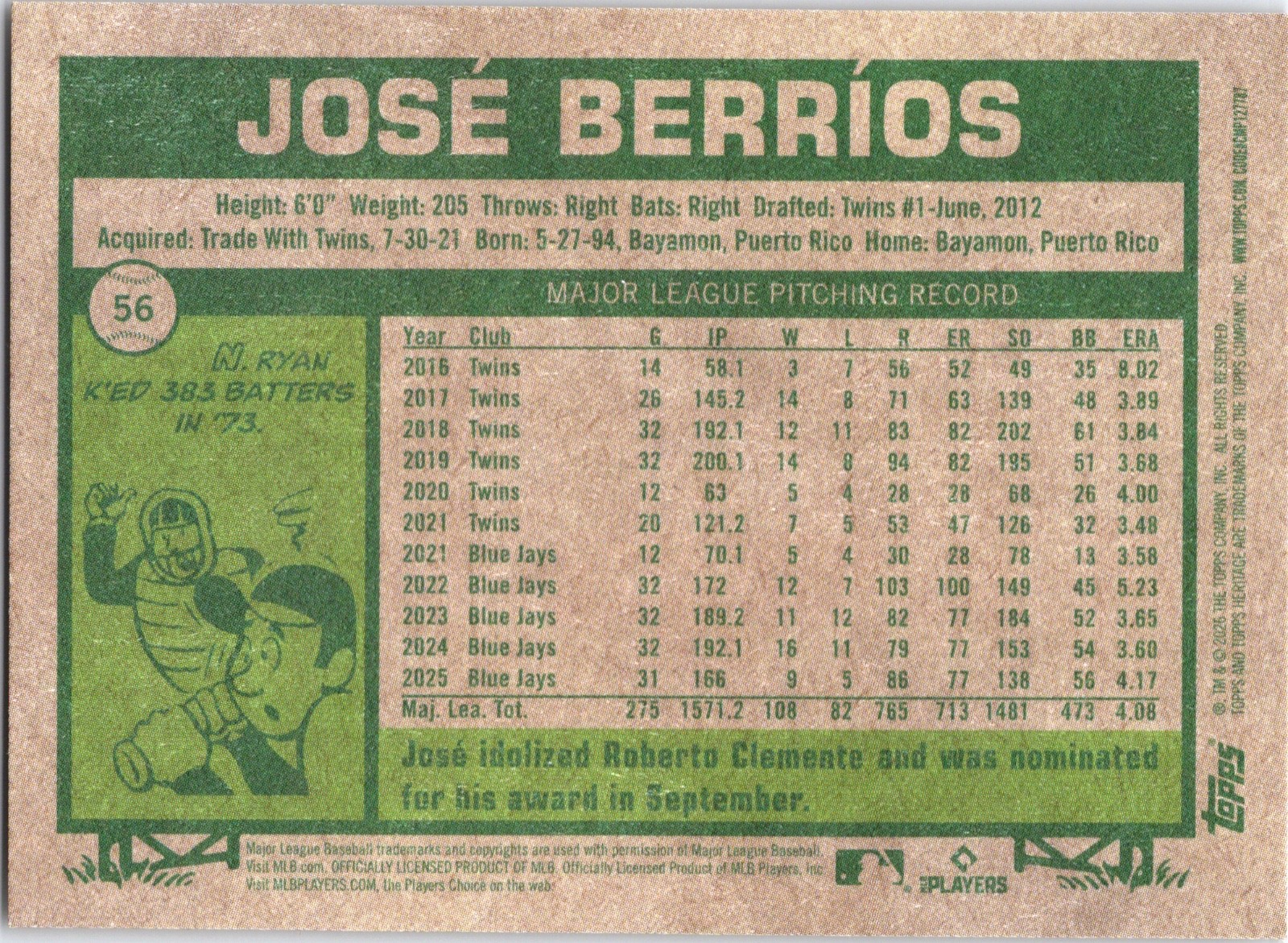 2026 Topps Heritage – José Berríos #56 Dark Yellow Bordered (Fat Pack)