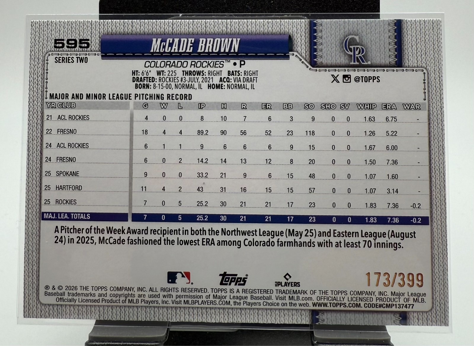 2026 Topps Series 2 #595 RC McCade Brown Yellow Holo Foil /399 Rockies
