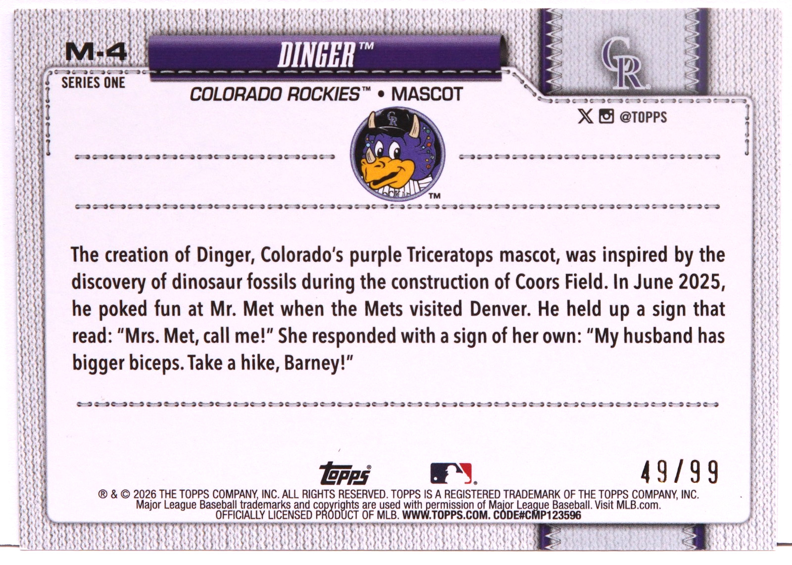 2026 TOPPS COLORADO ROCKIES MASCOT DINGER M-4 49/99 GREEN