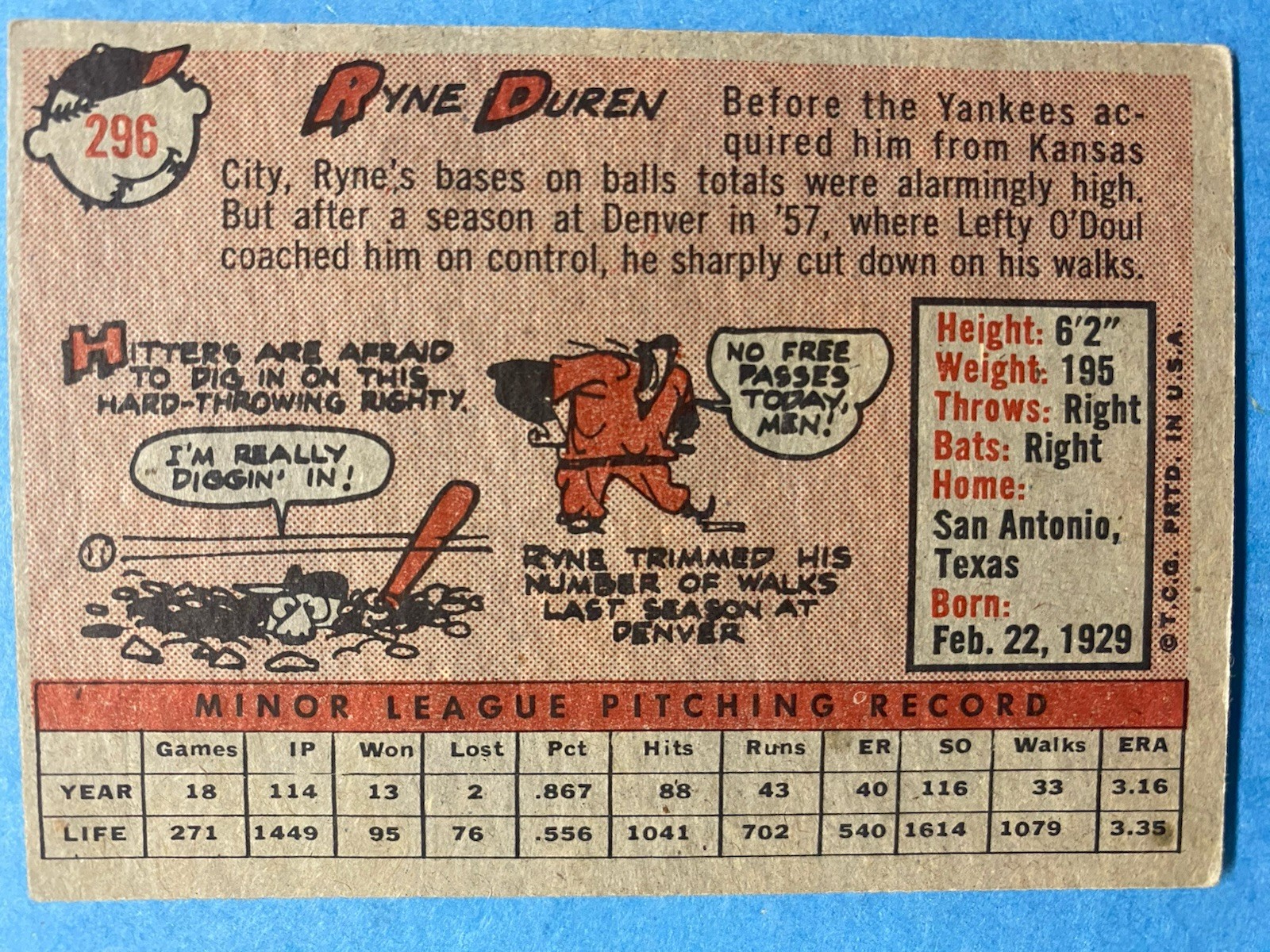 1958 Topps Ryne Duren #296 RC) Rookie New York Yankees Baseball Card No Creases