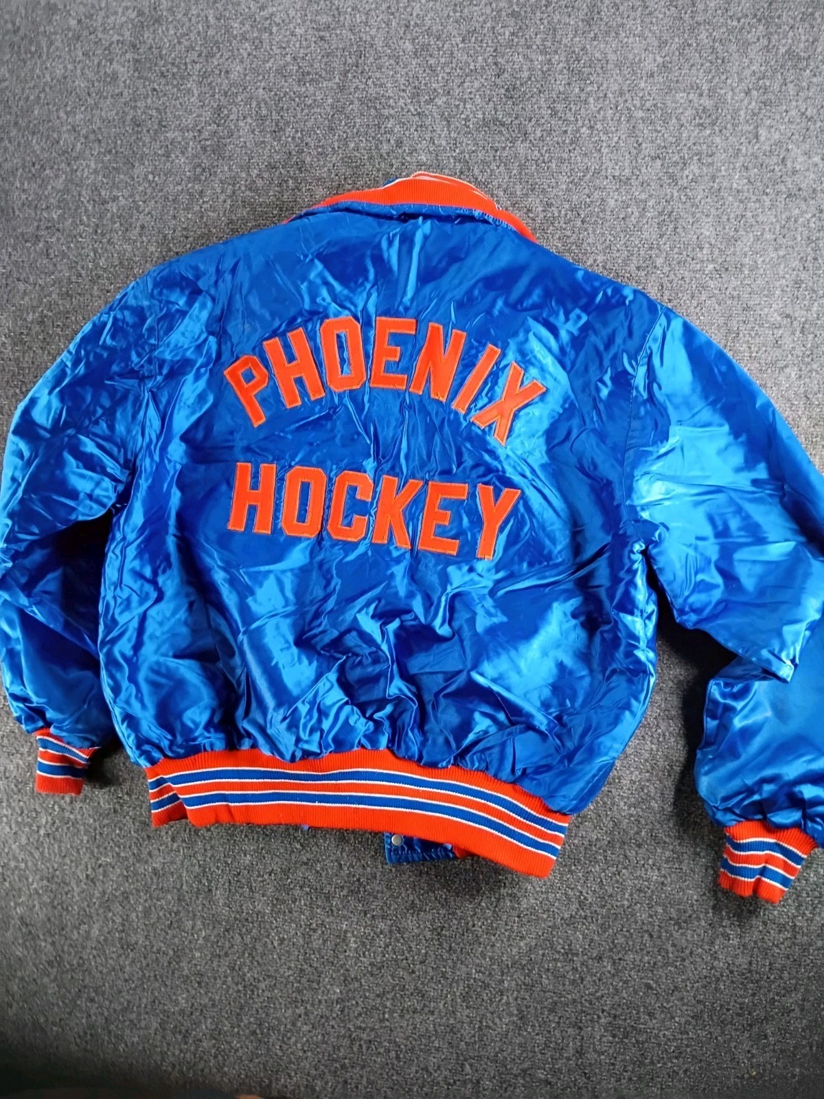 VTG DeLONG Sportswear Phoenix Hockey Satin Snap Jacket Blue/Orange/White Size L