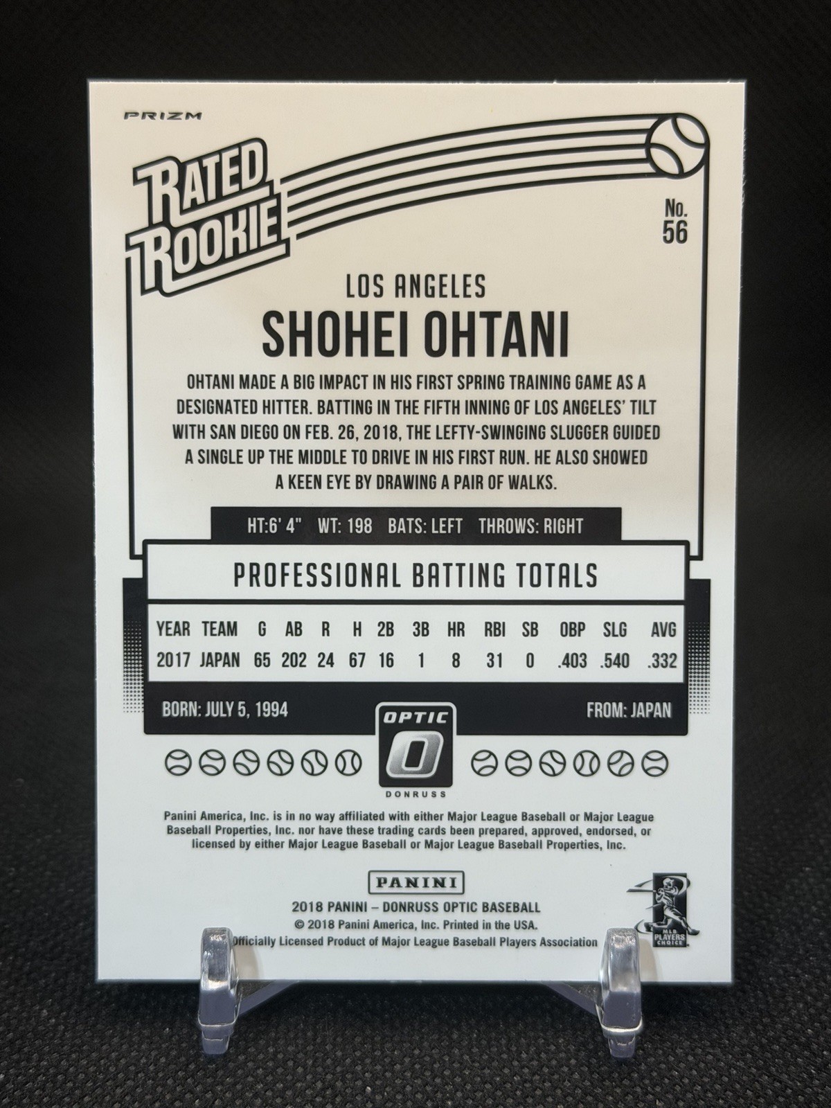 2018 Panini Donruss Optic #56 Shohei Ohtani RC Bronze Prizm Rated Rookie Batting