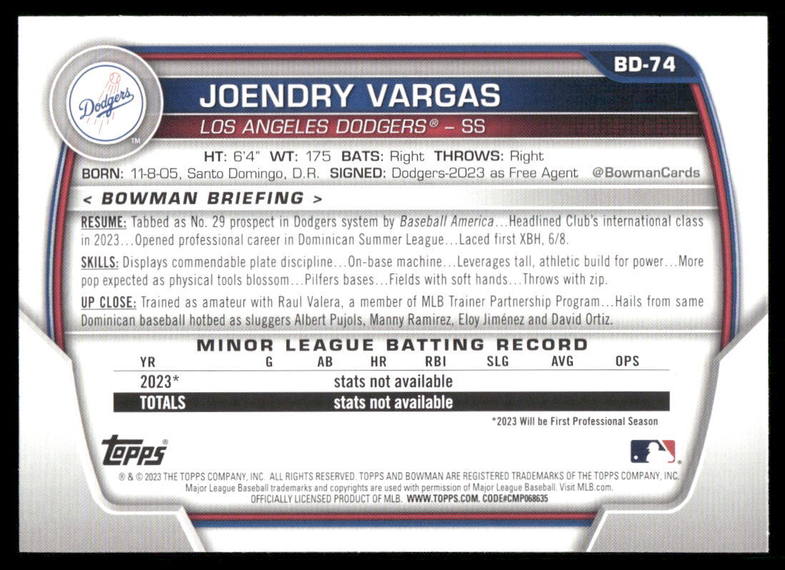 2023 Bowman Draft #BD-74 Joendry Vargas