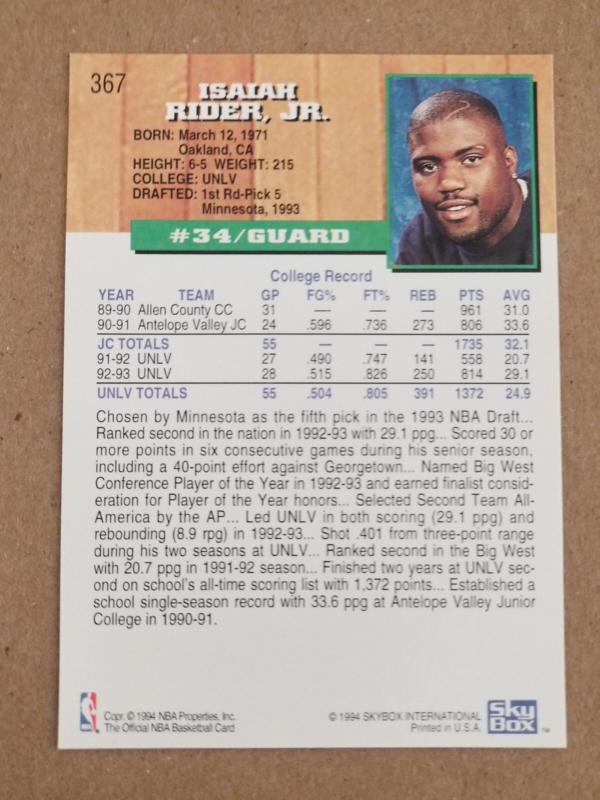 1993-94 NBA Hoops Basketball Isaiah Rider Minnesota Timberwolves RC #367