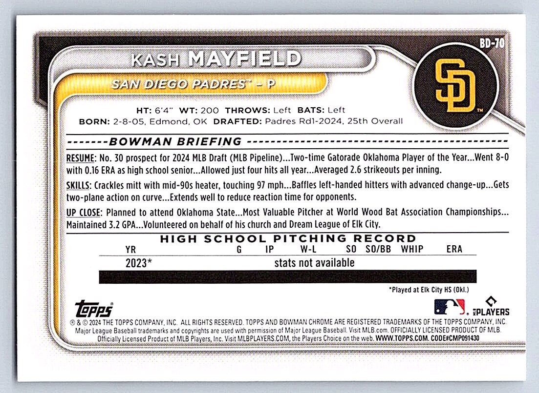 KASH MAYFIELD PADRES RC 1st card 2024 BOWMAN DRAFT #BD-70