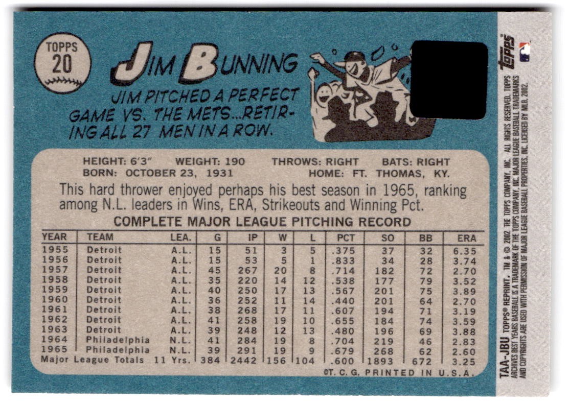 2002 Topps Jim Bunning Team Topps Legends Autographs AU Philadelphia Phillies