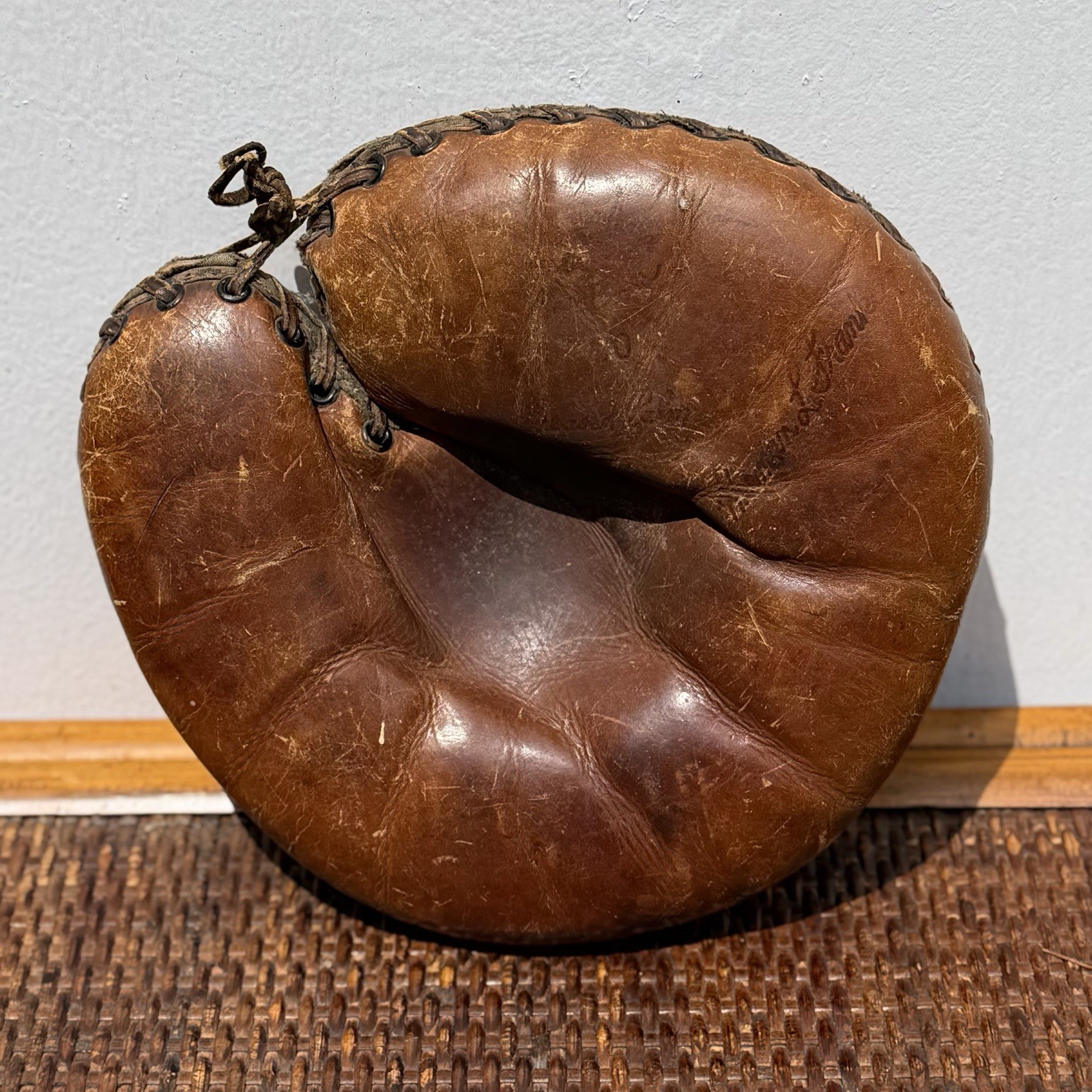 Vintage Leather Baseball Catcher’s Mitt Glove Brown, Name Marked John L. Kram