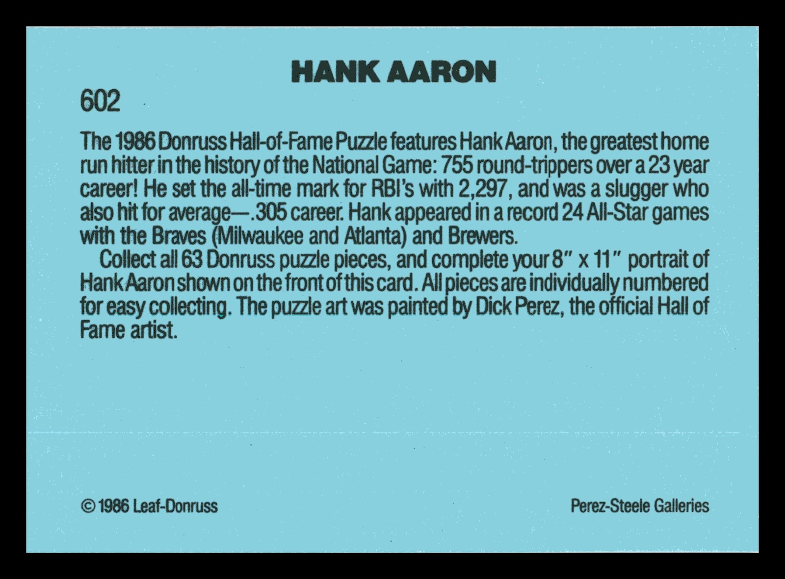 1986 Donruss Hank Aaron Puzzle Card HOF #259 Atlanta Braves Puzzle Pieces VG-EX