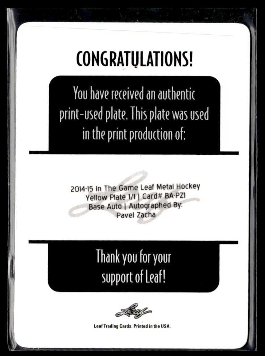 2014-15 Leaf Metal In The Game Printing Plate Pavel Zacha Auto 1/1 NNO #BA-PZ1