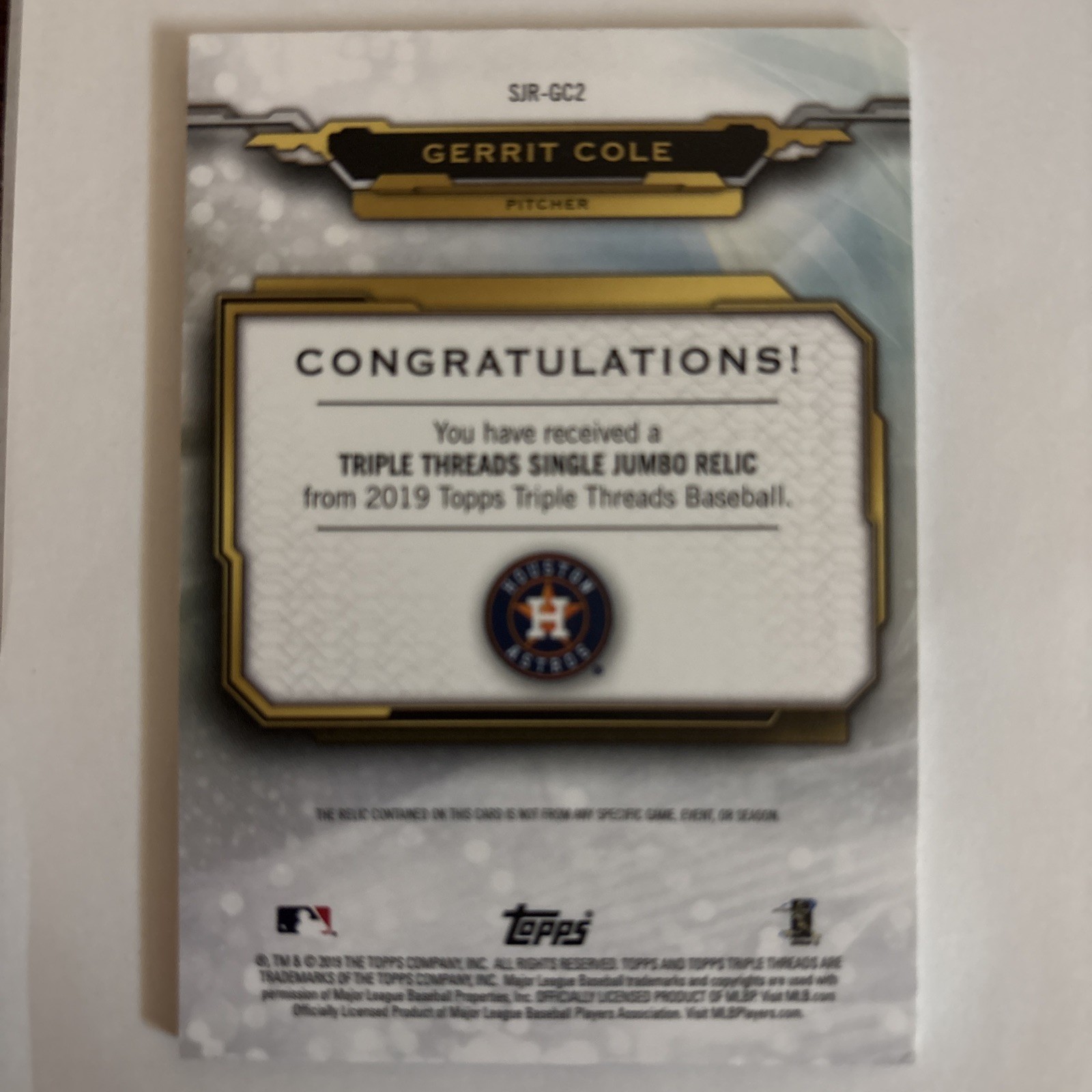 2019 Topps Triple Threads – Single Jumbo Relics Gerrit Cole #SJR-GC1 /36 (MEM)
