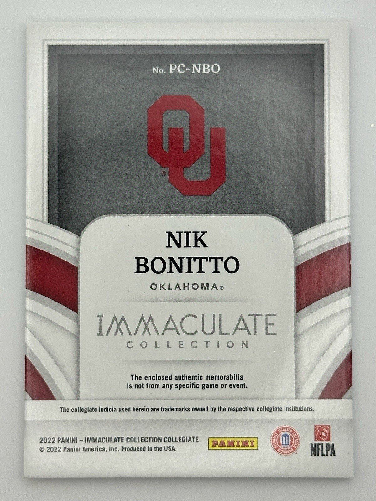 2022 PANINI IMMACULATE NIK BONITTO #PC-NBO PLAYERS CAP /42 SOONERS BRONCOS