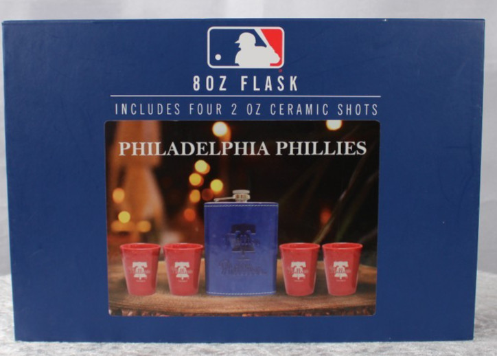 Philadelphia Phillies 8 oz Flask Gift Set w/ 4 Ceramic Shot Glasses MLB NIB