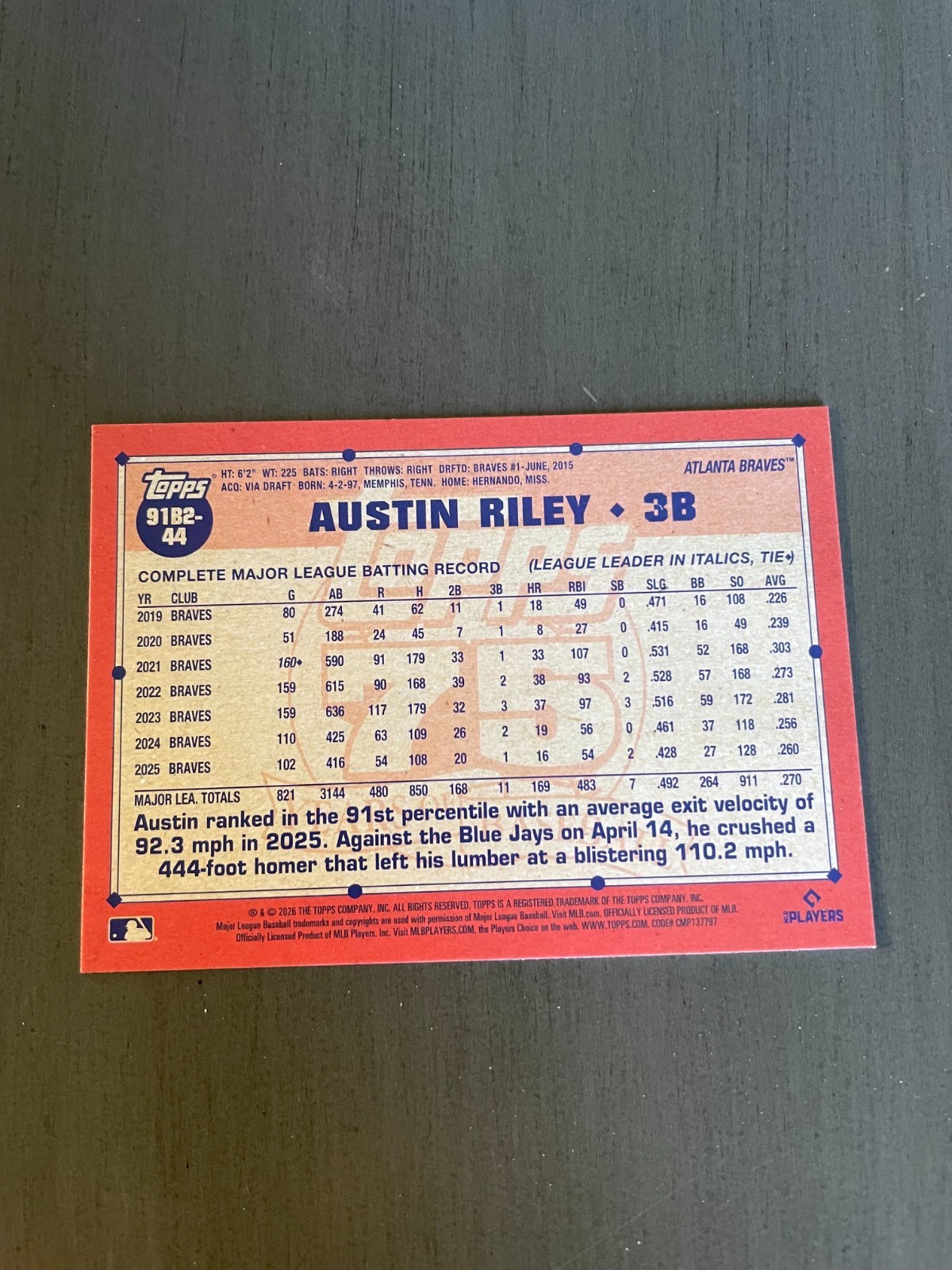 2026 Topps Series 2 Austin Riley 1991 Topps #91B2-44 Atlanta Braves Free Ship!