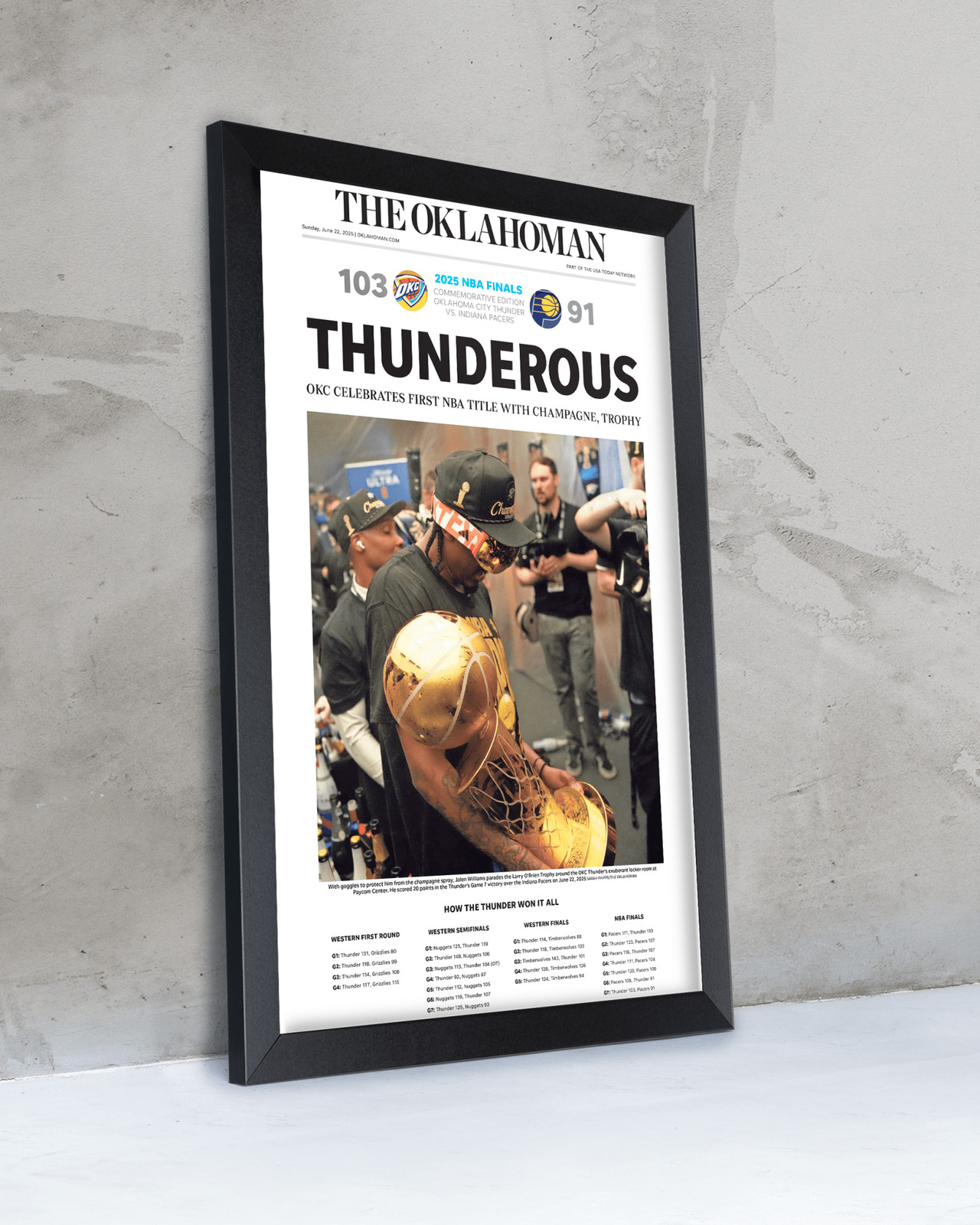 2025 Oklahoma City Thunder NBA Champions “THUNDEROUS” Framed Newspaper