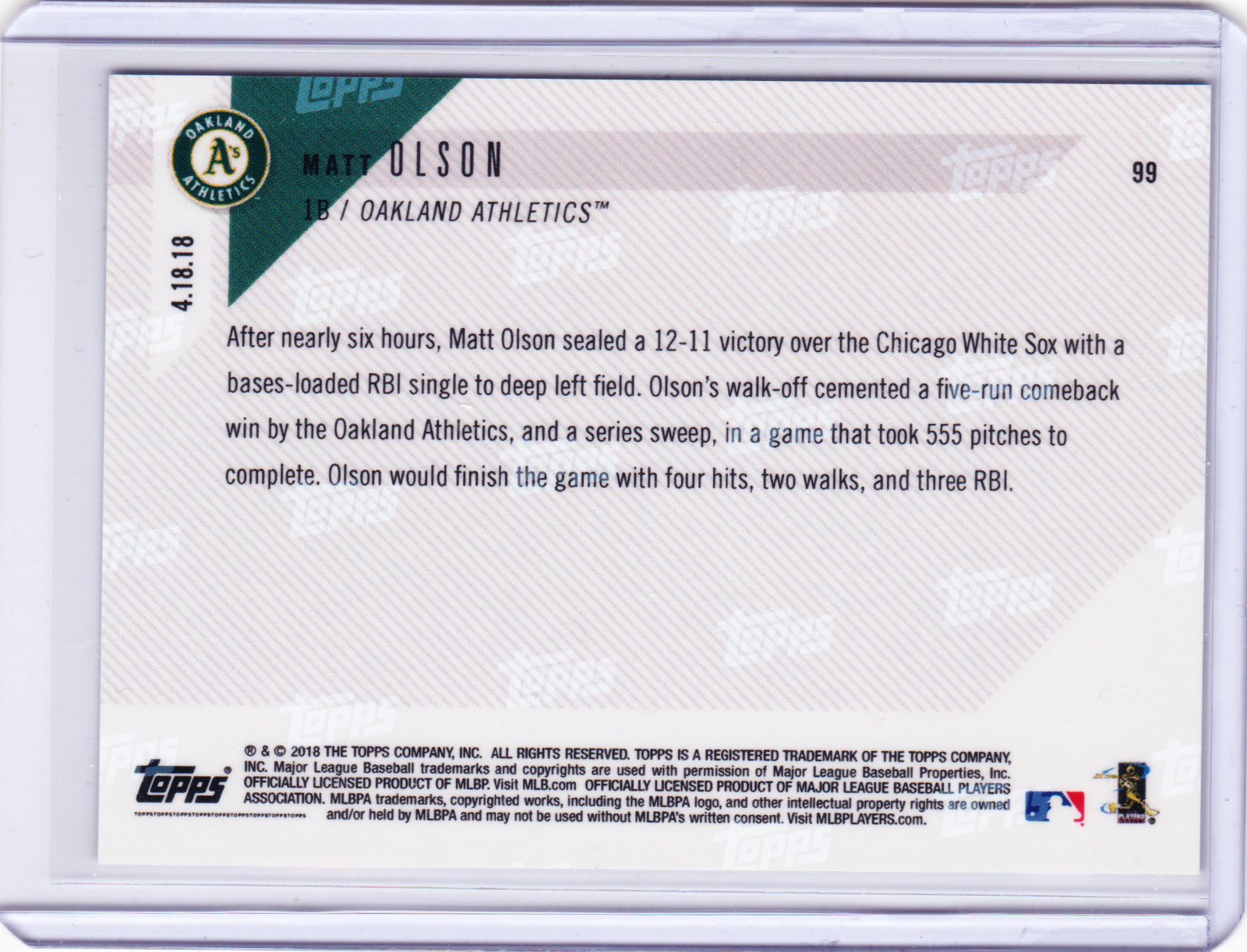 Matt Olson A’s Walk-Off v White Sox Topps NOW Moment 99 on 4/18/ 2018 LOW PR=210