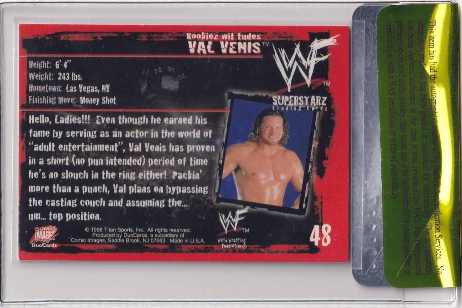 Val Venis Signed 1998 Comic Images DuoCards WWF Rookie Card #48 BAS COA RC WWE