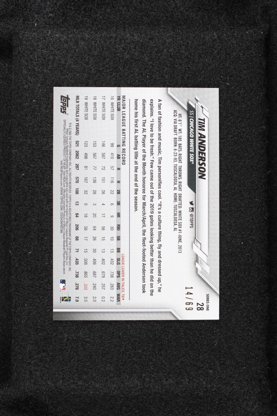2020 Topps Series One Tim Anderson Chicago White Sox #28 Black Parallel 14/69