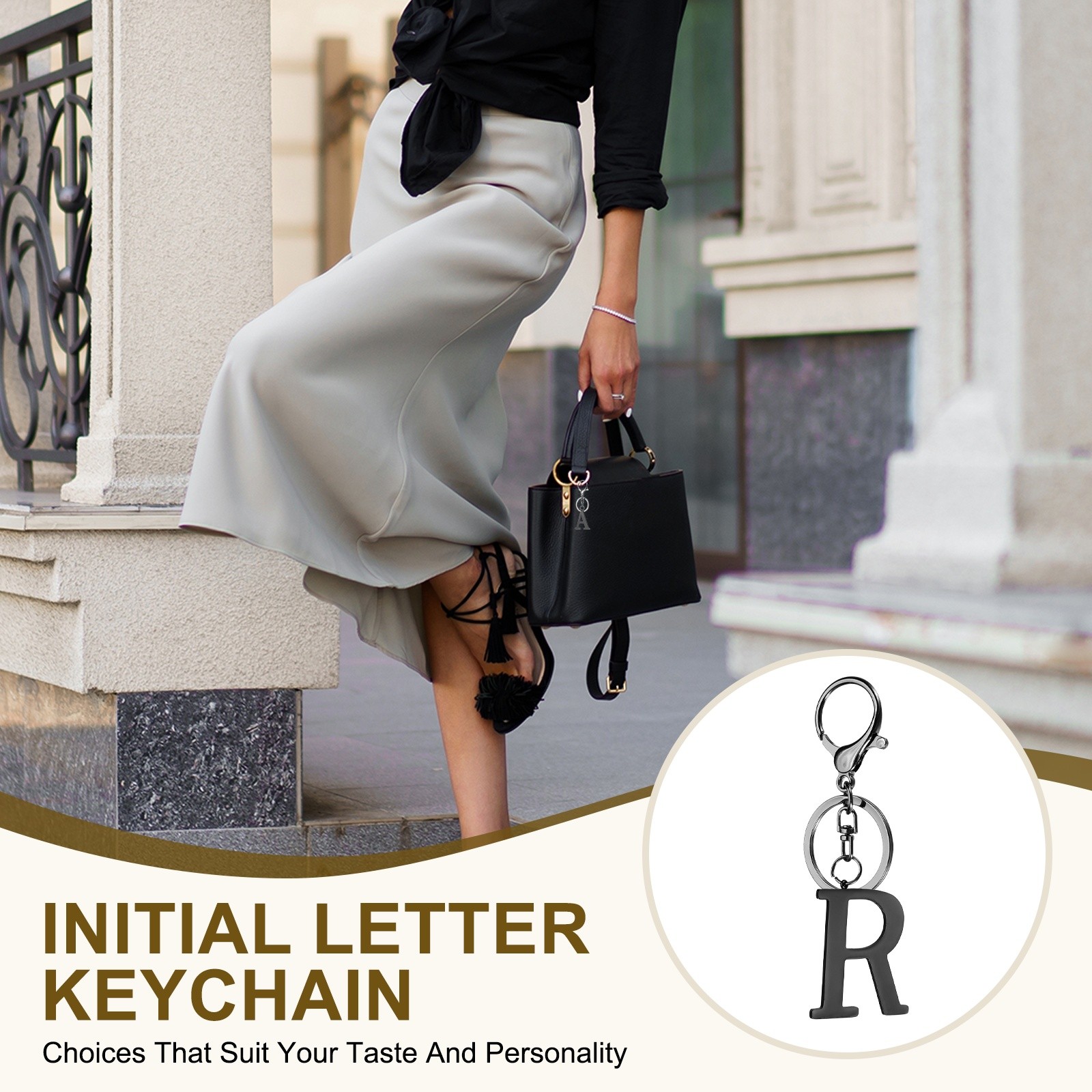 Initial Letter Keychain, 1PCS Key Chain Stainless Steel, Black ( Letter R)