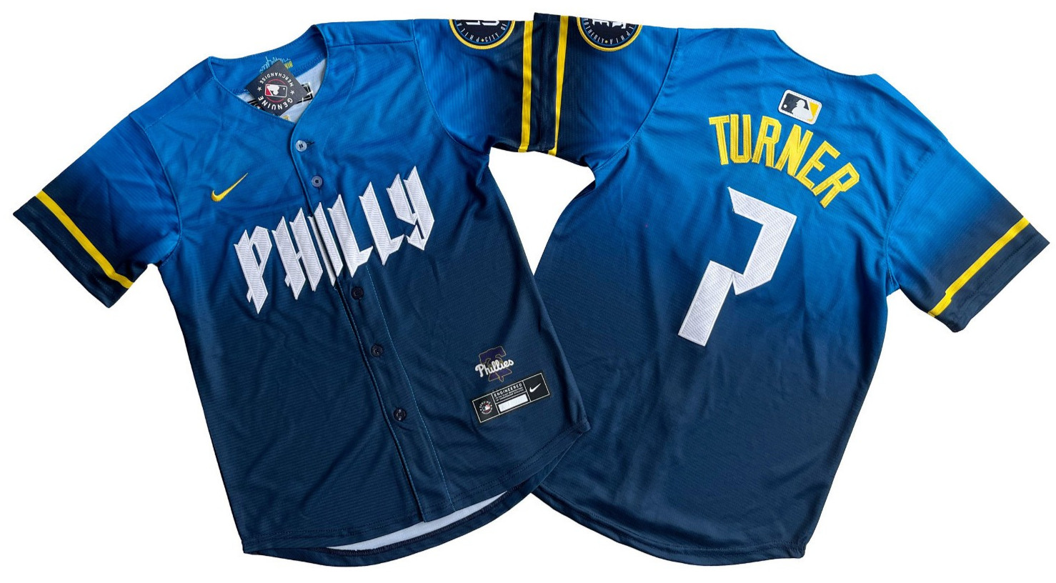 ​​Tariffs​ Free! YOUTH’S Phillies #7 Trea Turner City Connect Blue Sewn Jersey.