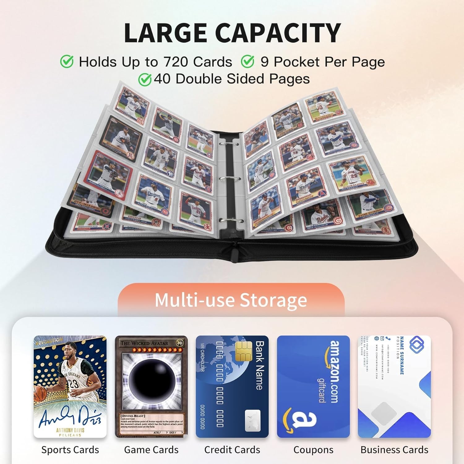 Trading Card Binder, Premium 9-Pocket Double Sided 540 Pocket PU Card Collect