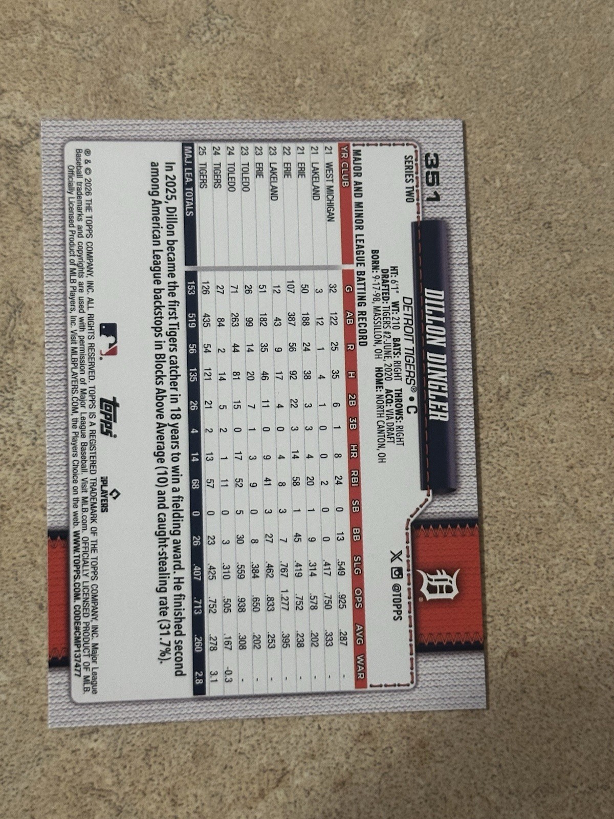Topps Series Two Dillon Dingler Silver Foilboard #351 Tigers