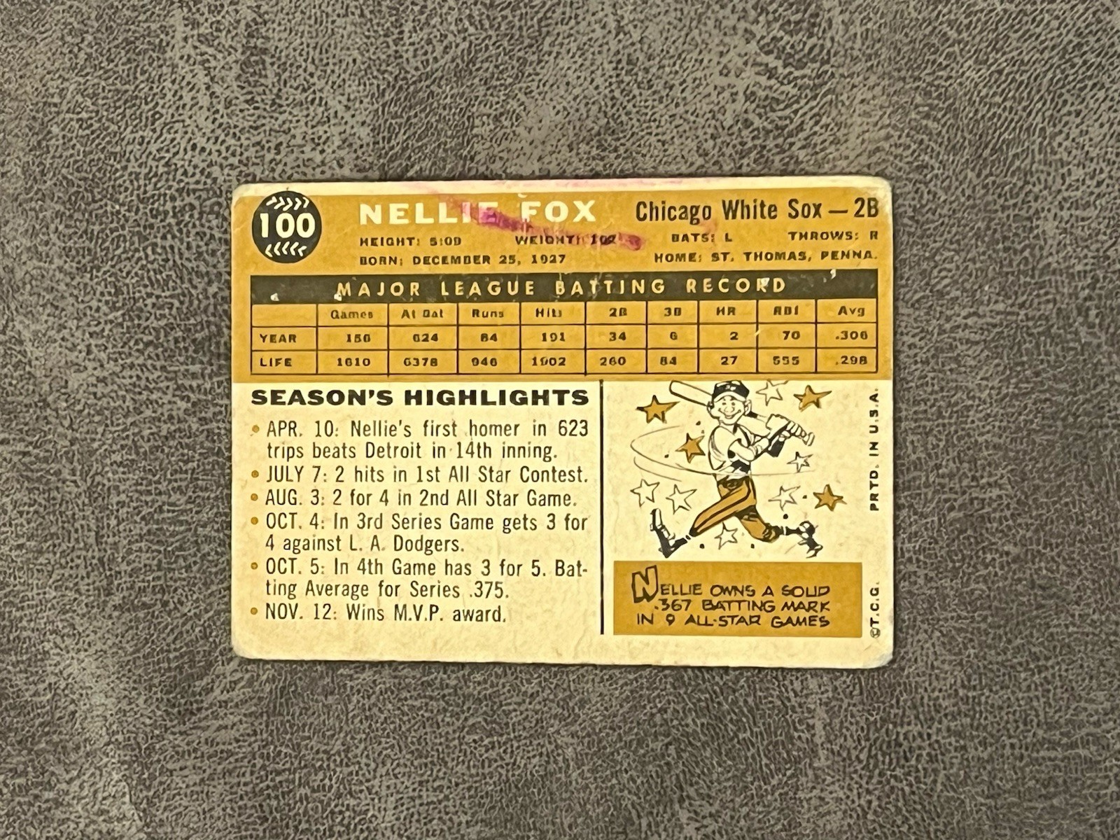 1960 Topps Nellie Fox #100 VG (creases) White Sox Vintage HOF!
