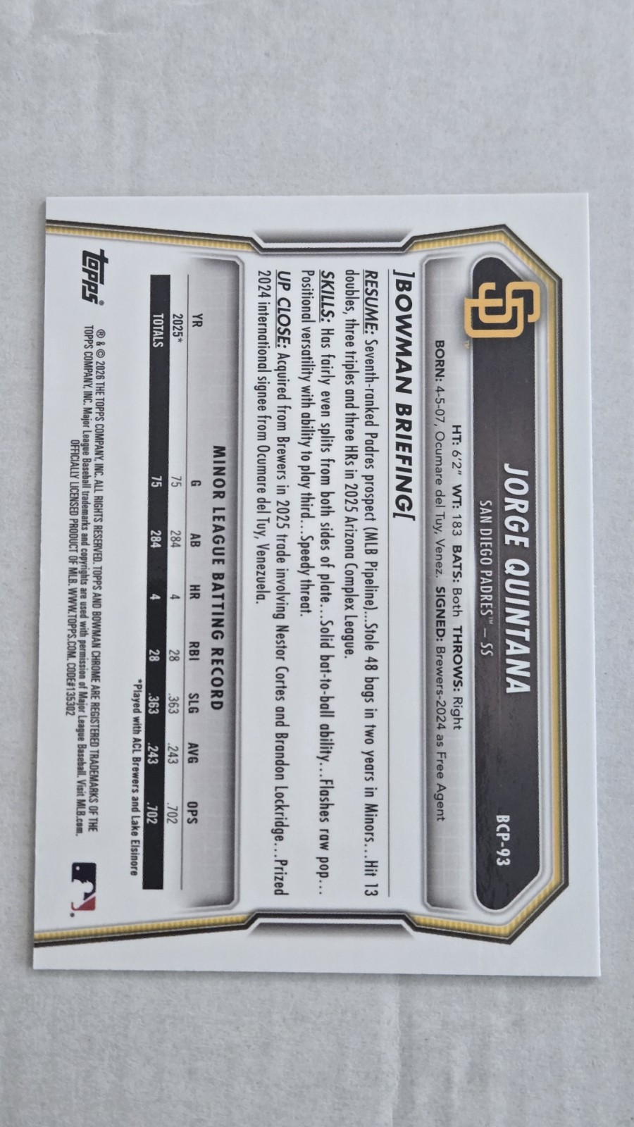 2026 Bowman 1st #BCP-93 JORGE QUINTANA Wave Refractor 251/350 SD Padres