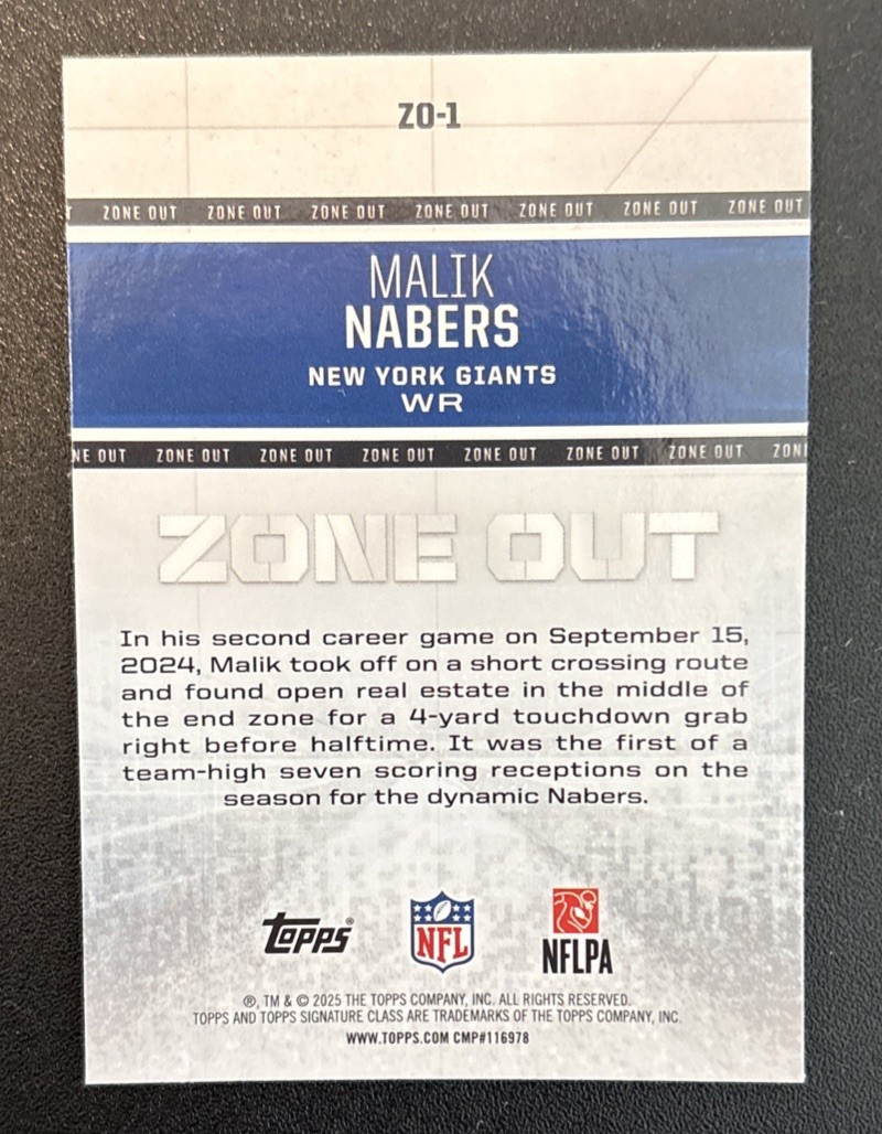MALIK NABERS 2025 TOPPS SIGNATURE #ZO-1 ZONE OUT INSERT NEW YORK GIANTS 🏈