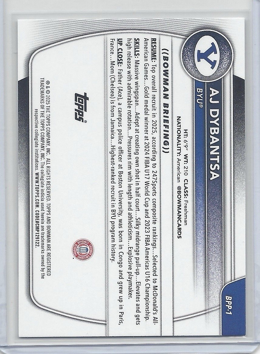 2025 Bowman AJ Dybantsa 1st Bowman #BPP-1 BYU Cougars Basketball